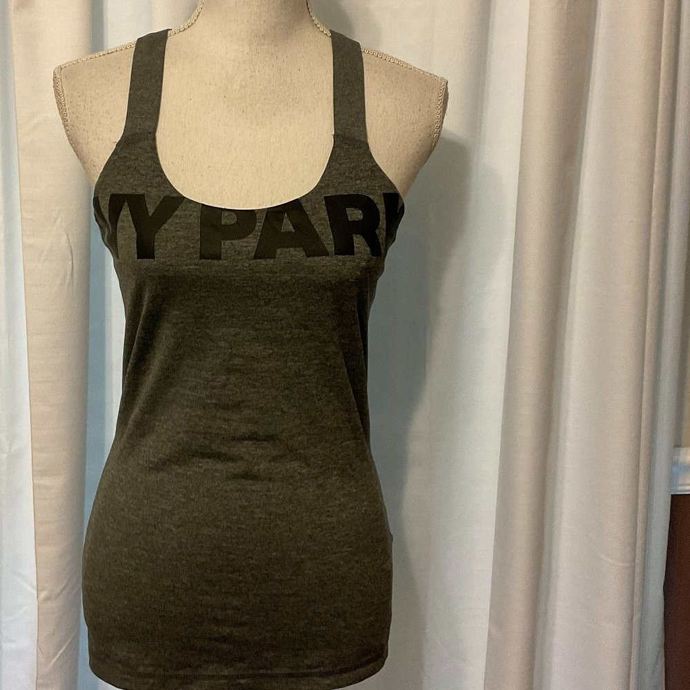 Ivy Park Tank Top M Gray Black Graphic Crossback Mesh Detail Shelf Bra